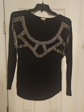 Black Long-Sleeve Studded Scoop Neck Top
